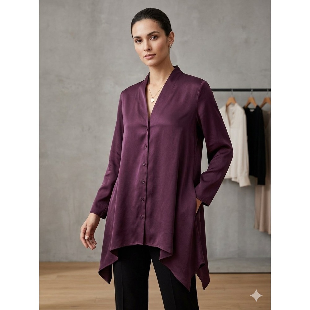 Soft Surroundings Tunic Plum Purple EUC Sharkbite Hem Button Down Silk like M